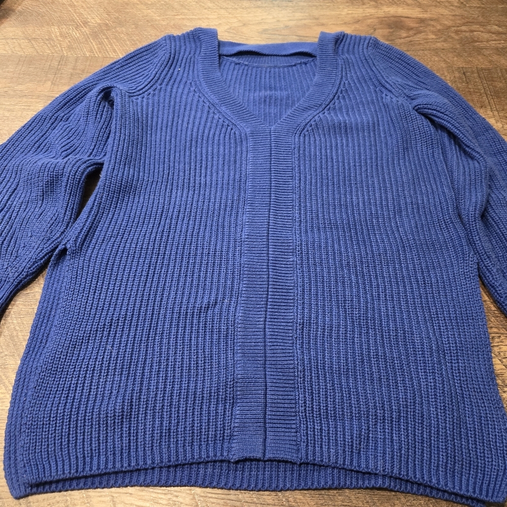 Loft Cobalt Blue Sweater Oversized Crew Neck Side Slits Back V Casual Preppy S - Picture 9 of 9